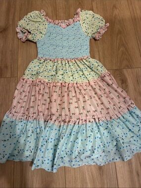 Ivy City Co Pastel Floral Tiered Smocked Dress in Blue, Pink & Yellow